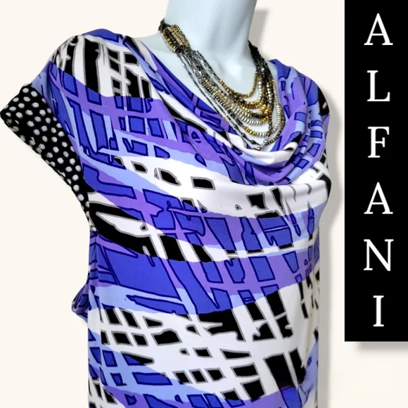 Scoop Drape Neck ALFANI Dress Womens XL Cap Sleeves Stretch Blue Black Purple - Picture 4 of 13
